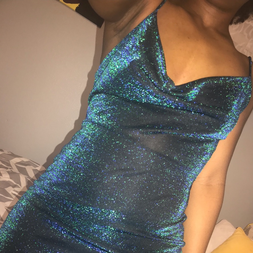 Blue-green metallic cowl neck mini dress